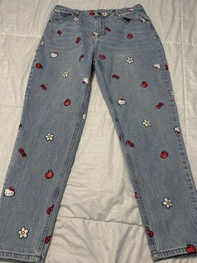 Hello Kitty Light Blue Straight Leg Jeans with Red & White Kittys Bows n Daisies